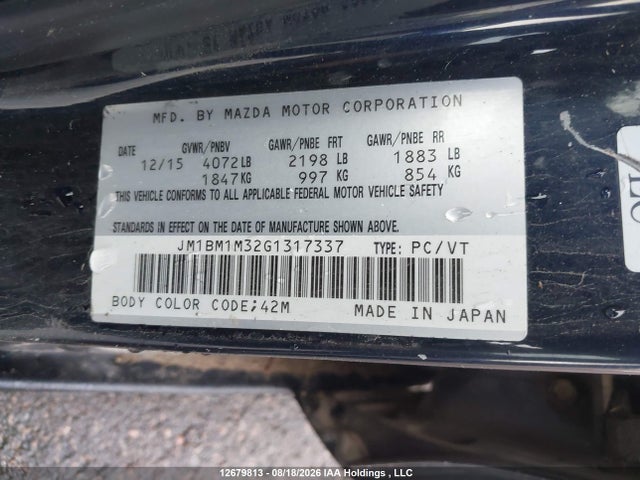 Aukcja sprzedaży 2016 Mazda Mazda3 Gt, vin: JM1BM1M32G1317337, numer aukcji: 12679813