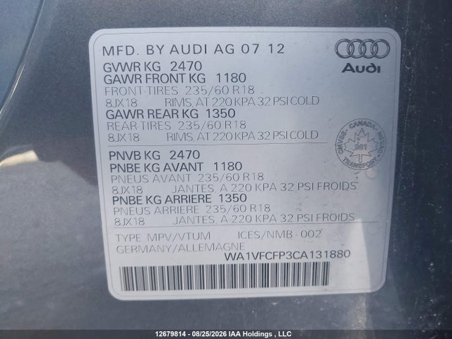 Aukcja sprzedaży 2012 Audi Q5 2.0t Premium Plus, vin: WA1VFCFP3CA131880, numer aukcji: 12679814