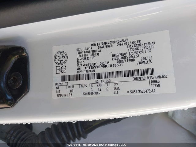 Продажа на аукционе авто 2019 Ford F150 Supercrew, vin: 1FTEW1EP0KFB53591, номер лота: 12679815