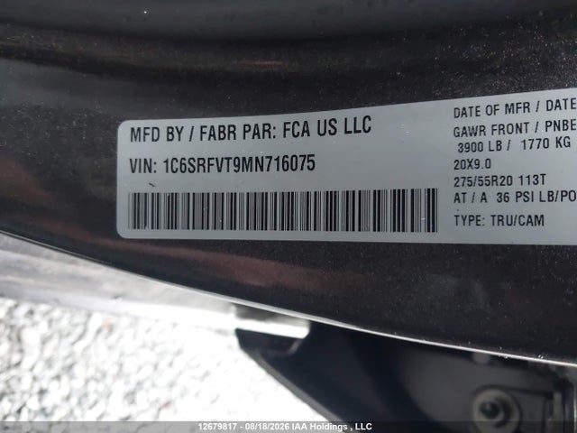 Aukcja sprzedaży 2021 Ram 1500 Sport, vin: 1C6SRFVT9MN716075, numer aukcji: 12679817