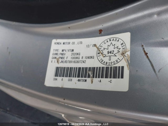 Aukcja sprzedaży 2006 Honda Cr-v Se/ex, vin: JHLRD78916C807242, numer aukcji: 12679819