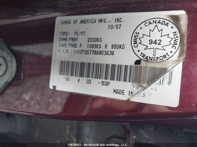 Продаж на аукціоні авто 2008 Honda Accord Ex, vin: 1HGCP26778A803436, номер лоту: 12679821