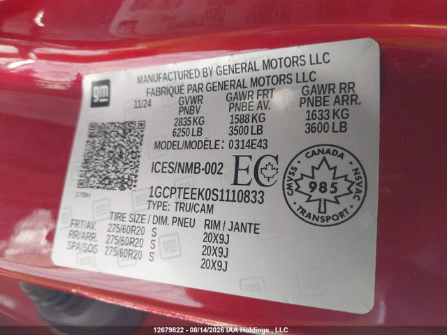 Aukcja sprzedaży 2025 Chevrolet Colorado Trail Boss, vin: 1GCPTEEK0S1110833, numer aukcji: 12679822