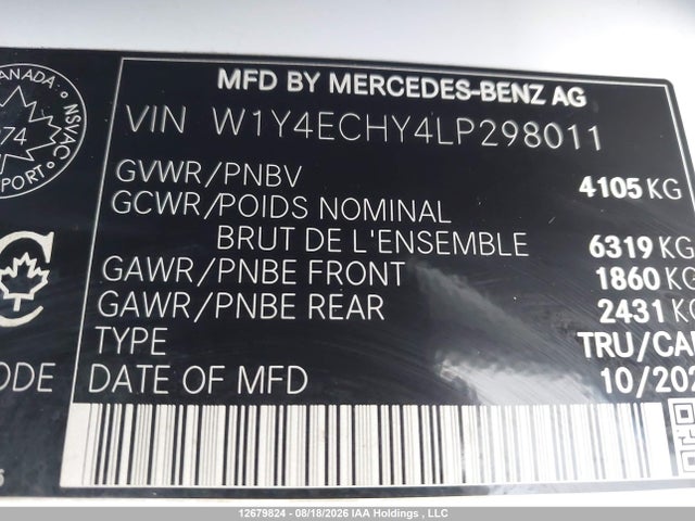 2020 Mercedes-benz Sprinter 2500 High Roof V6 მანქანა იყიდება აუქციონზე, vin: W1Y4ECHY4LP298011, აუქციონის ნომერი: 12679824