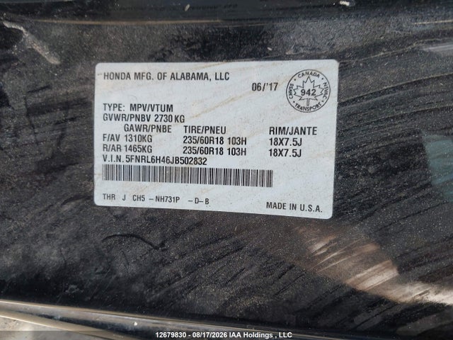 Продаж на аукціоні авто 2018 Honda Odyssey Ex, vin: 5FNRL6H46JB502832, номер лоту: 12679830