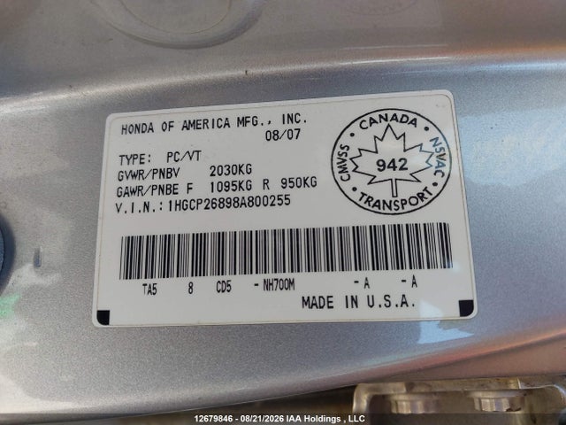 Продажа на аукционе авто 2008 Honda Accord, vin: 1HGCP26898A800255, номер лота: 12679846