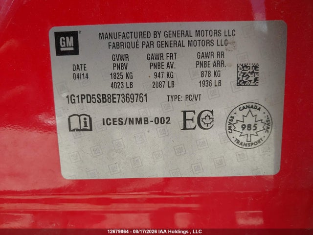1G1PD5SB8E7369761 Chevrolet Cruze 1lt Manual