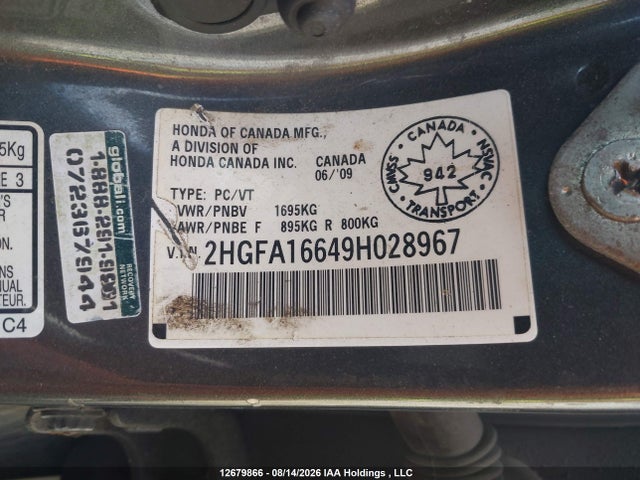 Продаж на аукціоні авто 2009 Honda Civic Sport, vin: 2HGFA16649H028967, номер лоту: 12679866