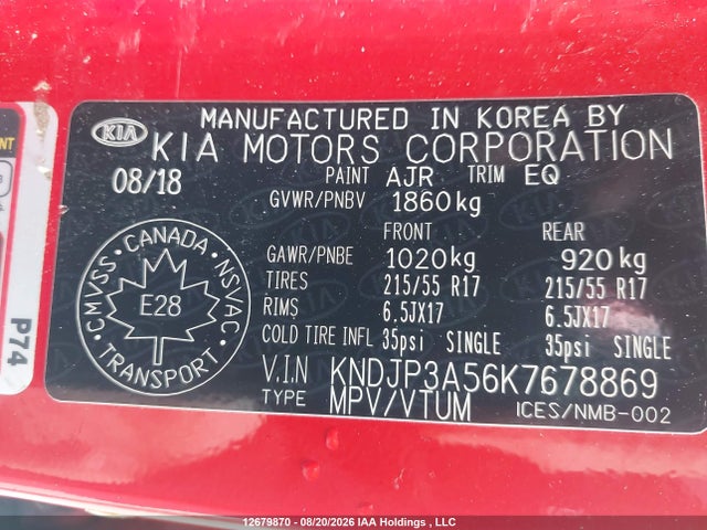 12679870 :رقم المزاد ، KNDJP3A56K7678869 vin ، 2019 Kia Soul Ex/ex Premium/ex Tech/ex+ مزاد بيع