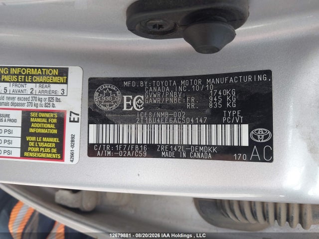2010 Toyota Corolla Ce მანქანა იყიდება აუქციონზე, vin: 2T1BU4EE6AC504147, აუქციონის ნომერი: 12679881