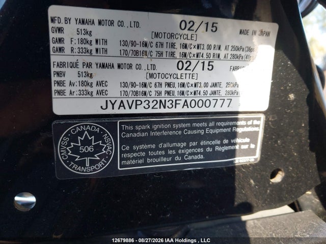 12679886 :رقم المزاد ، JYAVP32N3FA000777 vin ، 2015 Yamaha Xvs1300 Ct/ctb مزاد بيع