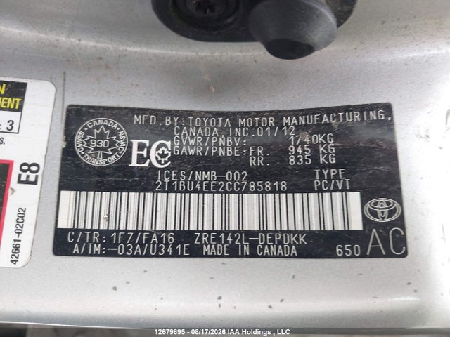 2012 Toyota Corolla Ce მანქანა იყიდება აუქციონზე, vin: 2T1BU4EE2CC785818, აუქციონის ნომერი: 12679895