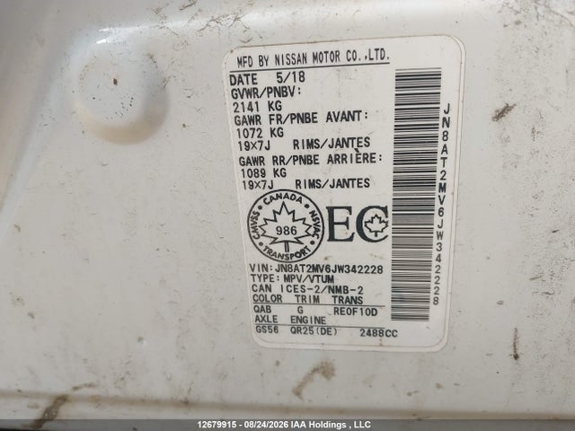 12679915 :رقم المزاد ، JN8AT2MV6JW342228 vin ، 2018 Nissan Rogue مزاد بيع