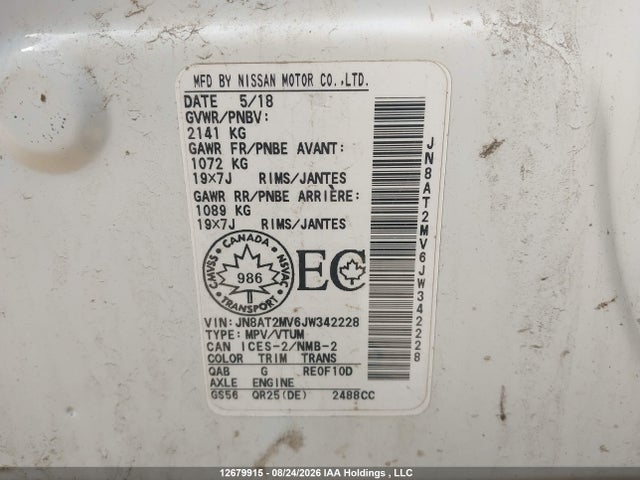 12679915 :رقم المزاد ، JN8AT2MV6JW342228 vin ، 2018 Nissan Rogue مزاد بيع