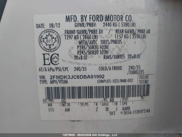 12679926 :رقم المزاد ، 2FMDK3JC6DBA91992 vin ، 2013 Ford Edge Sel مزاد بيع