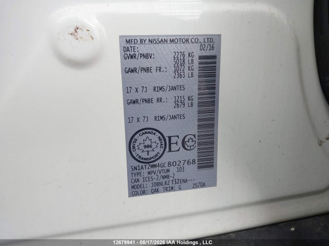 12679941 :رقم المزاد ، 5N1AT2MM4GC802768 vin ، 2016 Nissan Rogue S/sl/sv مزاد بيع