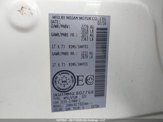 12679941 :رقم المزاد ، 5N1AT2MM4GC802768 vin ، 2016 Nissan Rogue S/sl/sv مزاد بيع
