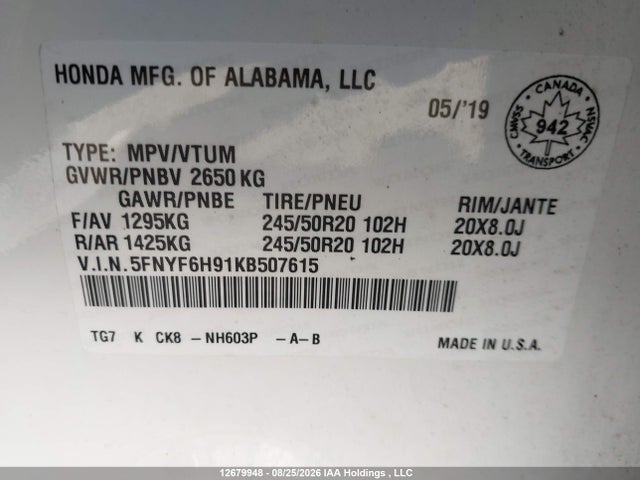 Honda Pilot 2019 5FNYF6H91KB507615 Image 9
