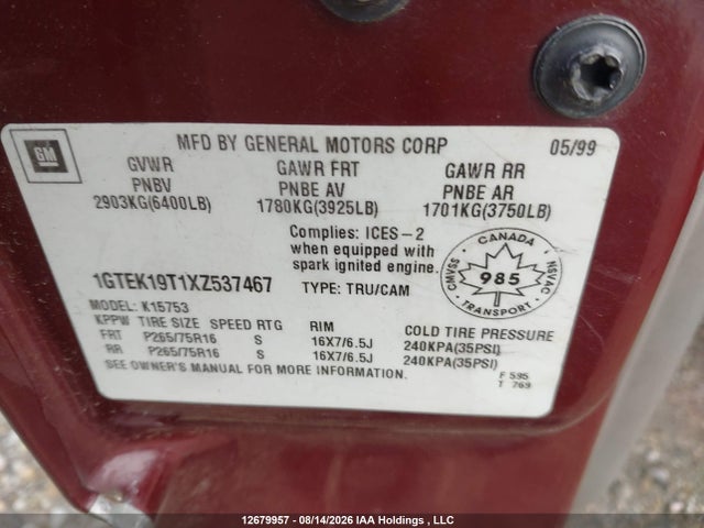 Продажа на аукционе авто 1999 Gmc New Sierra K1500, vin: 1GTEK19T1XZ537467, номер лота: 12679957