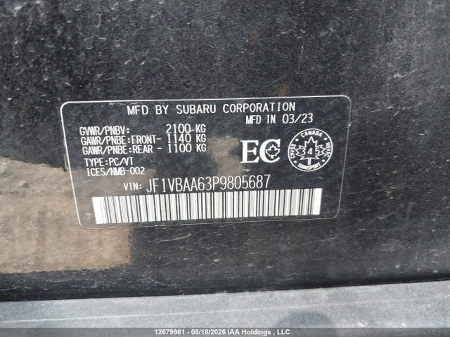 Aukcja sprzedaży 2023 Subaru Wrx, vin: JF1VBAA63P9805687, numer aukcji: 12679961