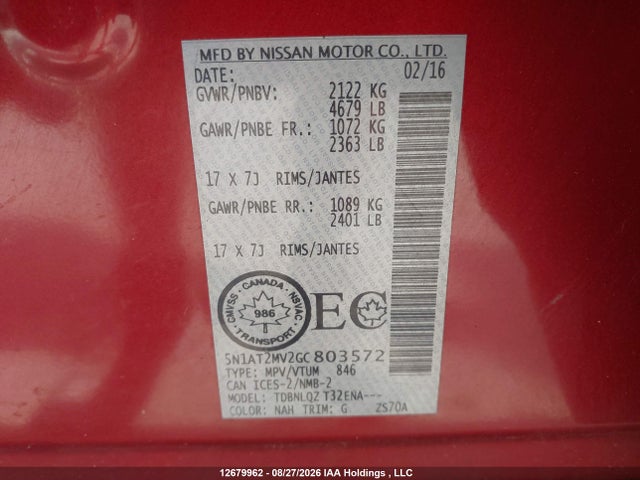 Продажа на аукционе авто 2016 Nissan Rogue, vin: 5N1AT2MV2GC803572, номер лота: 12679962