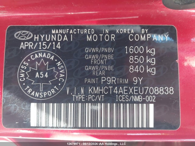 12679971 :رقم المزاد ، KMHCT4AEXEU708838 vin ، 2014 Hyundai Accent Gl مزاد بيع