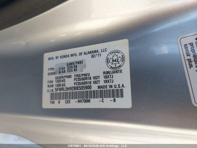12679981 :رقم المزاد ، 5FNRL5H92BB505900 vin ، 2011 Honda Odyssey Touring/touring Elite مزاد بيع