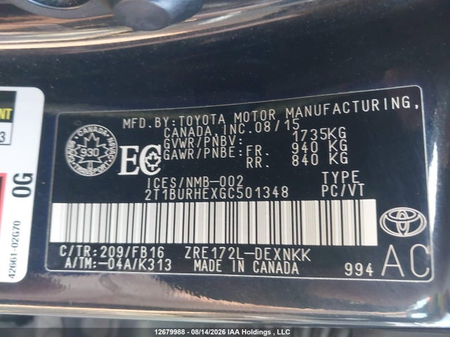 12679988 :رقم المزاد ، 2T1BURHEXGC501348 vin ، 2016 Toyota Corolla L/le/le Pls/prm/s/s Pls مزاد بيع