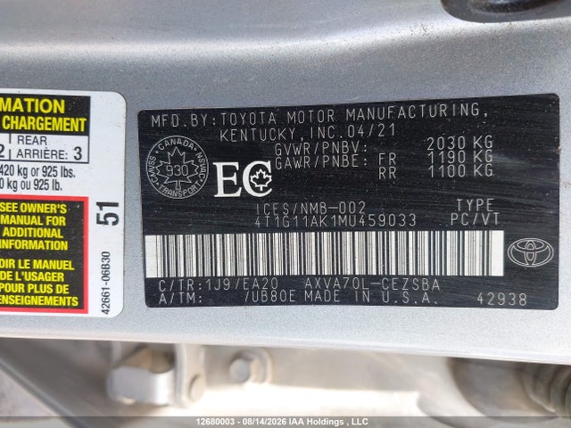 12680003 :رقم المزاد ، 4T1G11AK1MU459033 vin ، 2021 Toyota Camry Se/se Night Shade مزاد بيع