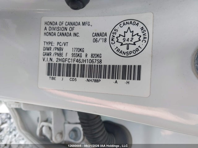 Продажа на аукционе авто 2018 Honda Civic Ex-t, vin: 2HGFC1F46JH106758, номер лота: 12680005