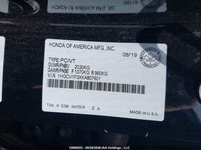 12680023 :رقم المزاد ، 1HGCV1F3XKA807601 vin ، 2019 Honda Accord Sport 1.5t مزاد بيع