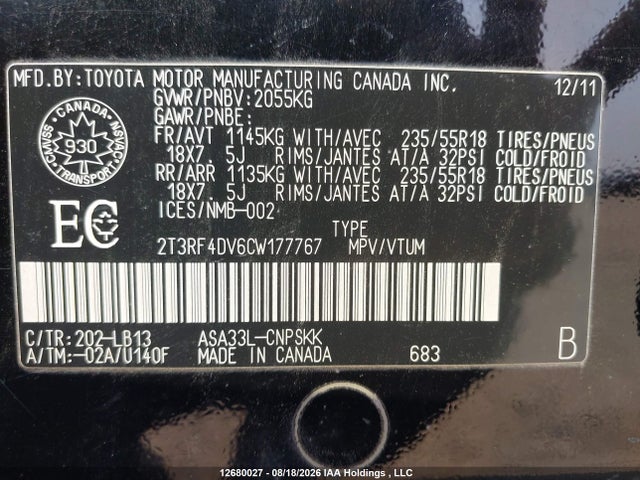 2012 Toyota Rav4 Sport მანქანა იყიდება აუქციონზე, vin: 2T3RF4DV6CW177767, აუქციონის ნომერი: 12680027