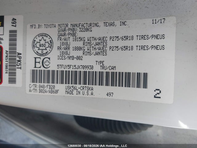 12680030 :رقم المزاد ، 5TFUY5F15JX709930 vin ، 2018 Toyota Tundra Sr5 Plus 5.7l V8 مزاد بيع