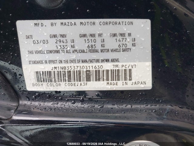 Aukcja sprzedaży 2003 Mazda Mx-5 Miata Ls, vin: JM1NB353730311630, numer aukcji: 12680033