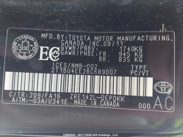Aukcja sprzedaży 2011 Toyota Corolla S/le, vin: 2T1BU4EE2BC689007, numer aukcji: 12680045