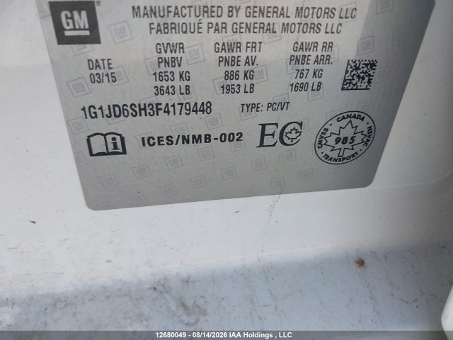 Chevrolet Sonic Lt Manual 2015 1G1JD6SH3F4179448 Image 9