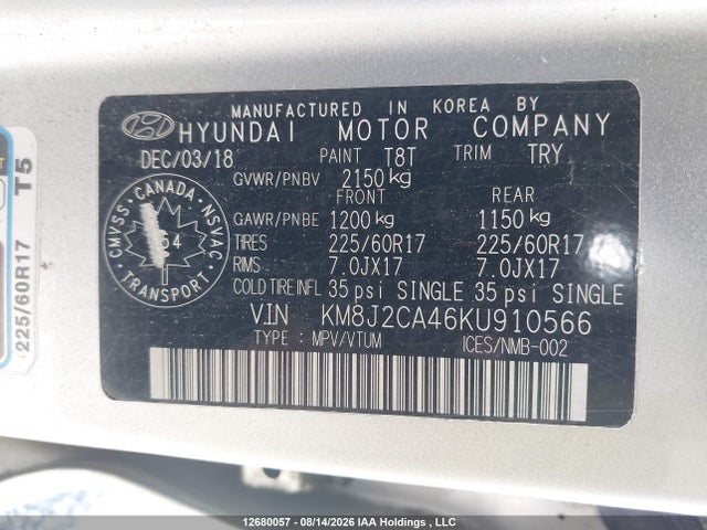 2019 Hyundai Tucson Essential W/safety Package მანქანა იყიდება აუქციონზე, vin: KM8J2CA46KU910566, აუქციონის ნომერი: 12680057