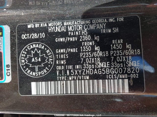 Продажа на аукционе авто 2011 Hyundai Santa Fe Limited 3.5, vin: 5XYZHDAG5BG007820, номер лота: 12680066
