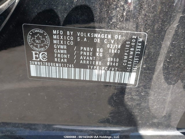 2019 Volkswagen Jetta 1.4 Tsi Comfortline მანქანა იყიდება აუქციონზე, vin: 3VWN57BU8KM011745, აუქციონის ნომერი: 12680068