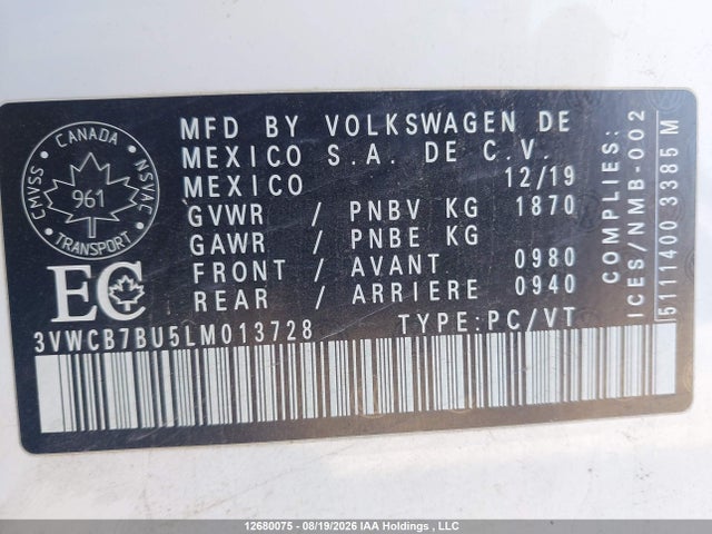Aukcja sprzedaży 2020 Volkswagen Jetta S/se/r-line, vin: 3VWCB7BU5LM013728, numer aukcji: 12680075