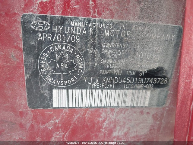 Aukcja sprzedaży 2009 Hyundai Elantra Gl/l, vin: KMHDU45D19U743728, numer aukcji: 12680078