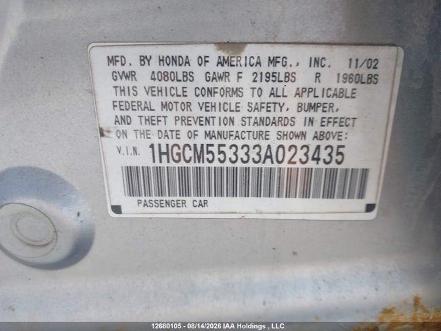 Aukcja sprzedaży 2003 Honda Accord Lx, vin: 1HGCM55333A023435, numer aukcji: 12680105