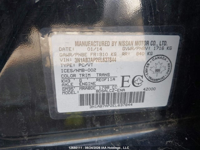 3N1AB7AP2EL637844 Nissan Sentra 1.8 S/1.8 Sl/1.8 Sr/1.8 Sv/s
