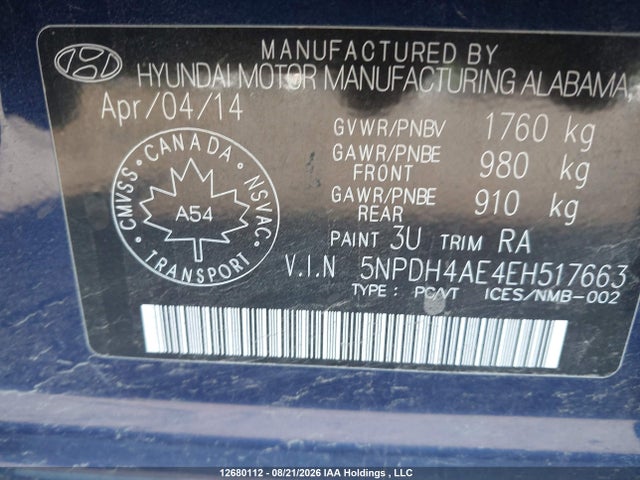 5NPDH4AE4EH517663 Hyundai Elantra