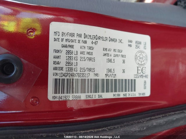 2007 Dodge Grand Caravan Se მანქანა იყიდება აუქციონზე, vin: 1D4GP24RX7B235117, აუქციონის ნომერი: 12680113