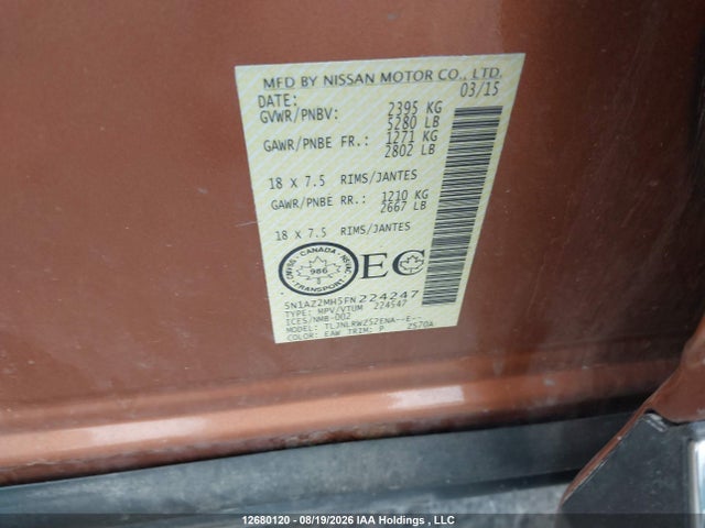 5N1AZ2MH5FN224247 Nissan Murano S/sl/sv/platinum