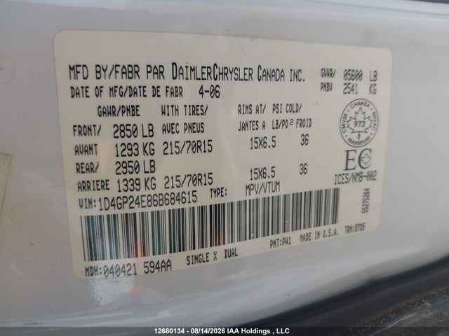 Aukcja sprzedaży 2006 Dodge Grand Caravan Se, vin: 1D4GP24E86B684615, numer aukcji: 12680134