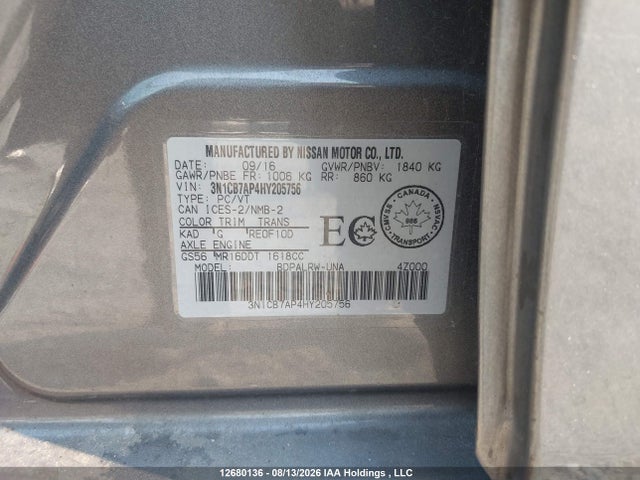 12680136 :رقم المزاد ، 3N1CB7AP4HY205756 vin ، 2017 Nissan Sentra Sr Turbo/nismo مزاد بيع