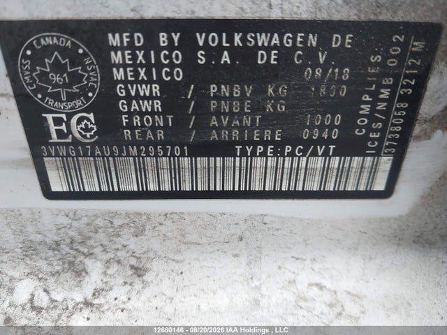 12680146 :رقم المزاد ، 3VWG17AU9JM295701 vin ، 2018 Volkswagen Golf 1.8 Tsi Comfortline/1.8 Tsi Highline/1.8 Tsi Trendline مزاد بيع