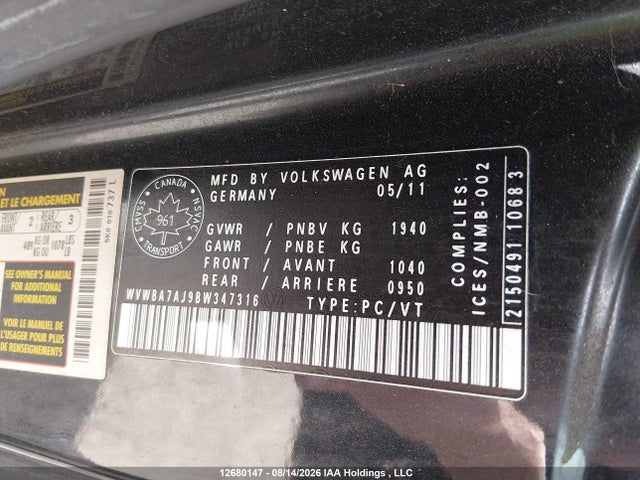 2011 Volkswagen Golf მანქანა იყიდება აუქციონზე, vin: WVWBA7AJ9BW347316, აუქციონის ნომერი: 12680147